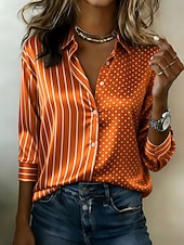 cheap Stripe&amp;Geometric Blouses-Women's Shirt Satin Shirt Print Striped Vacation Fashion Daily Long Sleeve Shirt Collar Regular Tops Daily Holiday Going out Blue Black Army Green Purple Orange Summer Spring Fall