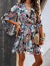 cheap Casual Floral Dresses-Women's Mini Dress Casual Dress Chiffon Dress Floral Dress Elegant Fashion Modern Outdoor Vacation Going out Regular Fit Floral Half Sleeve V Neck Black Pink Green Summer Spring
