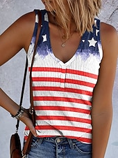  Amerikanischer Unabhängigkeitstag Damen Tank Top Druck Grafik Flagge Vintage Tropisch Stilvoll Ärmellos V Ausschnitt Normale Oberteile Täglich Blau Weiß Rote Leicht Blau Sommer Frühling