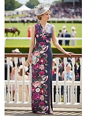 preiswerte Bodenlänge-Schlauchkleid Bodenlang Kleid für Hochzeitsgäste Abendkleid Derby-Kleid Brautmutterkleid Ärmellos V Ausschnitt Elegant Formell Kentucky Derby Satin mit Blumenmuster