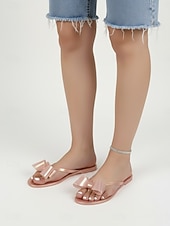 tanie Sandały typu slide-Damskie klapki plażowe w kolorze słodkiego różu - romantyczne, duże sandały z kokardą i wygodną, płaską podeszwą na letnie wakacje i wypady na tropikalne wyspy &amp;swobodny strój wypoczynkowy