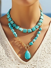 رخيصةأون اكسسوارات العطلة-قلادة نسائية بوهيمية متعددة الطبقات من الفيروز، وقلادة من الخرز المصنوع من الأحجار الصناعية وسلسلة من سبيكة الذهب مع قلادة على شكل دمعة، مناسبة لعطلات الصيف الشاطئية البوهيمية والاستخدام اليومي غير الرسمي