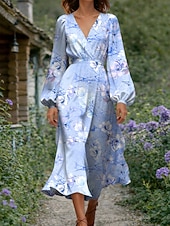 abordables Vestido Floral-Mujer Vestido Midi Vestido ajustado y acampanado Casual Vestidos semi formales Oficina Cita Ajuste regular Floral Graphic Manga Larga Escote en Pico Azul Piscina Rosa Morado Verde Trébol Verano