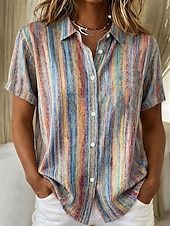  Damen Shirt Kurzarm Grafik Geometrisch Gestreift Vintage Tropisch Stilvoll Shirt Kragen Reguläre Tops Täglich Salbeigrün Pink Lila Orange Grün Sommer Frühling