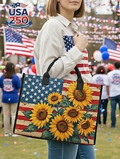  תיק נשיאה פוליאסטר לנשים עם קיבולת גדולה וכיס עם רוכסן, עיצוב פטריוטי של חמניות ודגל אמריקאי, מושלם ליום השנה ה-250, יום העצמאות ולשימוש יומיומי יומיומי