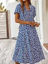 billige Uformelle blomsterkjoler-Dame Midikjole Uformell kjole Floral kjole Elegant Mote Moderne utendørs Feriereise Ut på byen Normal Blomstret Kortermet V-hals Blå Hvit Gul Navyblå Sommer Vår