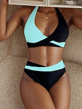 preiswerte Bikini-Sets-Damen Badeanzug Bikini Zweiteilig Hohe Taillenlinie Bademode Gerafft Rückenfrei Urlaub Strandbekleidung Leopard Farbblock Neckholder Ärmellos Badeanzüge