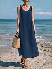 economico Vestiti-Per donna Abito maxi Finto cotone e lino Abito a Tubino Abito Estivo Abito Sottoveste Casual Spiaggia Quotidiano Vestibilità comoda Semplice Senza Maniche Collo a U Blu blu navy Giallo Rosso Estate