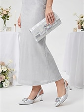 tanie Matka panny młodej/pana młodego-fioletowy satynowy zestaw damski z obcasem i pasującą torebką - elegancki zestaw z paskiem na pięcie, idealny dla matek wybierających się na miejskie wesela