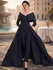 billiga Mammas jumpsuits-Tvådelad Byxor Ankellång Klänning till brudens mor 3/4 ärm Rundhals Över axeln Elegant party Formell Bröllopsgäst Stretchtyg med Bälte / band