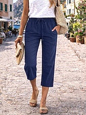 billige Luksuriøse bukser-Dame Capri-bukser Linbukser i bomull kinesisk Sommershorts Ferie Grunnleggende Fritid Kalv lengde Høy Midje عادي Lomme Elastisk midje comfy Komfort Myk Elastisk Daglig utendørs Gate Marineblå Vin
