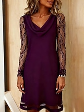 billige Hvit kjole-Dame Mini kjole Kjole med A-linje Sommerkjole Fritid Daglig Normal عادي Langermet Cowl-hals Svart Vin Lilla Grønn Sommer Høst Vinter