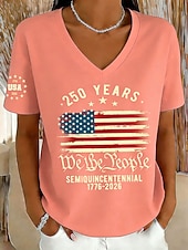 お買い得  独立記念日トップ-アメリカ独立記念日 女性用 Tシャツ プリント グラフィック フラッグ アメリカの国旗 ヴィンテージ スタイリッシュ クラシック 半袖 Ｖネック レギュラートップス 日常 ピンク ルビーレッド パープル カーキ色 夏 春