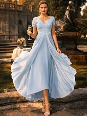 ieftine Lungimea gleznei-Linia -A Lungimea ceaiului Rochie de petrecere Rochie de Cocktail Rochie pentru invitata de nunta Rochie Mama Miresei Manșon scurt În V Elegant Plus Size Înalt Mic Invitat la nunta Petrecere Nuntă