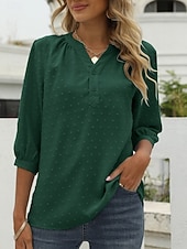 abordables Blusas Sencillas-Mujer Blusa Botones Color sólido Elegante Casual Manga 3/4 Escote en Pico Tops regulares Diario Azul Piscina Verde salvia Negro Blanco Rosa Verano Primavera Otoño