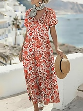 economico Abito Boho da Vacanza-Per donna Abito maxi Abito Boho Vestito Casual Abito a trapezio Abito Stampato Vintage All'aperto Vacanza Weekend Vestibilità regolare Floreale Grafico Manica Corta Scollo a V Blu Viola Fucsia
