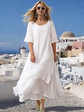 economico Abiti Falsi Essenziali-Per donna Abito Midi Abiti ispirati al lino Finto cotone e lino Vestito a caftano Abito Bianco Essenziale Casual Quotidiano All'aperto Vacanza Vestibilità comoda Colore Puro Manica Lunga Girocollo