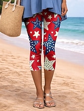 Χαμηλού Κόστους Παντελόνια Ημέρας Ανεξαρτησίας-Γυναικεία κινέζικα Κολάν Διακοπές Μοντέρνα Κομψό στυλ street Κάπρις Ψηλή ΜέσηPantsΗμέρα Αμερικανικής Ανεξαρτησίας Φύλλο Αμερικάνικη σημαία Άνεση Moale Άνετο Ελαστικό