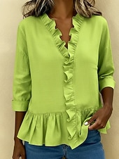 economico Camicie-Per donna Camicie effetto lino Blusa Camicia di cotone Volant Tinta unica Quotidiano Elegante Essenziale Manica 3/4 Scollo a V Top Regolari Quotidiano Blu Nero Bianco Cachi Rosso Estate Primavera