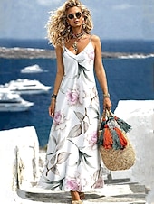 tanie Sztuka i projektowanie sukien-Damskie Sukienka maxi Sukienka letnia Sukienka A line Sukienka na ramiączkach Urlop Codzienny Plaża Wyjściowe Luźna Graficzny Zwierzę Panterka Bez rękawów W serek Czarny i biały Czarny Biały Czerwony