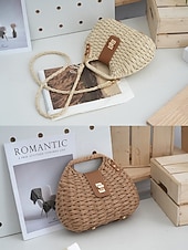 billiga Rese- och semesterväskor-Damväska i vävd stråaxelrem, beige och khakifärger, lätt sommarväska med justerbar rem, bohemisk chic-stil, perfekt för semester, resor och vardagsbruk