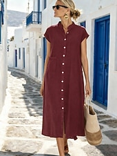 abordables Robe blanche-Femmes Robe Midi Robe fourreau Robe d'été Occasionnel Quotidien Coupe Ample Uni Manche Courte Col haut Vin bleu marine Gris Été