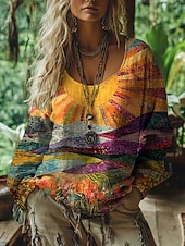 abordables Tops Boho-Mujer Camiseta bohemia Camiseta Camiseta superior Estampado Graphic Vintage Étnico Casual Manga Larga Escote en Pico Tops regulares Diario Fin de semana Ropa de vacaciones Amarillo Rojo Naranja Verde