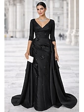 economico Abiti da ballo-Linea ad A Strascico a Terra Lunghezza al pavimento Abito da Sera Abito da ballo con sopragonna Elegante Scintillante Floreale Mezza Manica Scollo a V Balli di fine anno Festa serale Vestito Rosa Raso