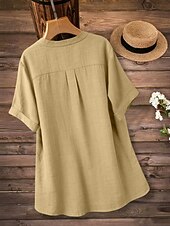 voordelige Overhemden-Dames Overhemden met linnenlook Blouse Overhemd van imitatie linnen Knop Effen Kleur Dagelijks Stijlvol Basic Halve mouw V-hals Normale tops Dagelijks blauw Zwart Geel Rood Paars Zomer Lente Herfst