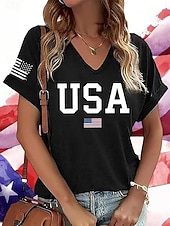 preiswerte Unabhängigkeitstag Top-Amerikanischer Unabhängigkeitstag Damen T Shirt Druck Grafik Flagge Vintage Lässig Kurzarm V Ausschnitt Normale Oberteile Täglich Wochenende Urlaubskleidung Schwarz Rote Sommer Frühling