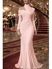 economico Abiti da Sera Sirena-Sirena Tromba Lunghezza al pavimento Abito da Sera Elegante Abito da sera stile impero Manica Lunga Collo Alto Festa serale Matrimonio Raso Elasticizzato con Pieghe Tinta unita