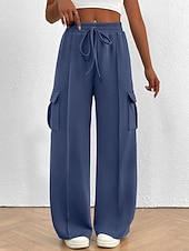 billiga wijde pijpen en hoge taille-Women's Cargo Pants Chinos Vacation Streetwear Casual Full Length Medium Waist Plain Drawstring Pocket Comfy Comfort Micro-elastic Daily Outdoor Street Black White Dark Navy Royal Blue Spring Fall