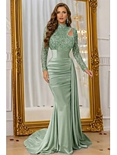 billiga Ballgowns för kvällsbruk-Sjöjungfru trumpet Svepsläp Telång Kvälls klänningar Balklänning med överkjol Formell klädsel Elegant Sidoslits Silkig Långärmad Hög hals Formell Satäng Paljetter med Pärldetaljer Paljett
