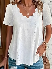 cheap Plain Blouses-Women's Pointelle Shirt Eyelet Top Blouse Eyelet Plain Active Basic Casual Short Sleeve V Neck Regular Tops Casual Daily Beach Black White Yellow Pink Wine Summer Spring