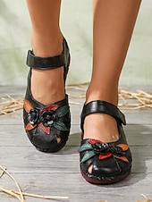 olcso Női lapos sarkú cipők-női bézs színű, valódi bőr Mary Jane szandál - vintage virágmintás, marhabőrből készült kényelmes cipő hétköznapi sétákhoz &amp;utazás