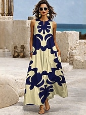 abordables Robes Boho-Femmes Robe maxi Robe d'Été Robe trapèze Robe d'été Vacances Occasionnel Boho Quotidien Fête Coupe Ample Graphique Tribal Plume Sans manches Col en V Col Halter Bleu Noir Blanche Rouge claire Ét