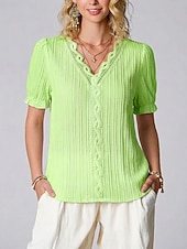 cheap Plain tee-Women's T Shirt Lace Splicing Top Tee Top Lace Patchwork Plain Fashion Stylish Classic Short Sleeve V Neck Regular Tops Daily Going out Weekend Black White Yellow Purple Fuchsia Summer Spring