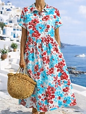 economico Vestito bianco-Per donna Abito Midi Abito Boho Misto lino Abito Camicia Vestito Estivo Elegante Bohemien Etnico Spiaggia Ferie Vestibilità regolare Floreale Grafico Manica Corta Colletto a Camicia Blu Giallo Rosso