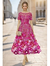 Недорогие Коктейльные платья-А-силуэт До щиколотки Ниже колена коктейльные платья Элегантный стиль С цветами С короткими рукавами Вырез лодочкой Свадьба Официальные Кружева с Вышивка Аппликации