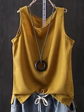 economico Camicie Finte Essenziali-Per donna Finto cotone e lino Semplice Moda Elegante Classico Senza Maniche Manica Corta Girocollo Top Regolari Quotidiano Uscire Weekend Blu Nero Bianco Giallo Rosa Estate Primavera