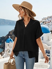 זול חולצות אלגנטיות-בגדי ריקוד נשים חולצה אחיד מסוגנן קלסי מודרני שרוולים קצרים צווארון V חולצות רגילות יומי חגים ליציאה שחור לבן ורוד מסמיק קיץ אביב