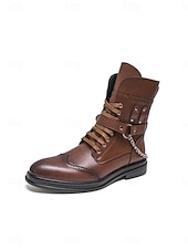 abordables Hombres-Botas de combate marrones para hombre con cordones, cremallera lateral y detalle de cadena. Botines para festivales de música, conciertos, eventos al aire libre, estilo urbano, fiestas y un estilo robusto y llamativo.