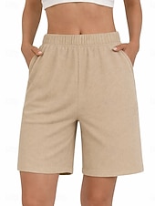 cheap Bermuda Shorts-Women's Bermuda shorts Waffle Chinos Shorts Vacation Fashion Streetwear Knee Length High Waist Plain Elastic Waistband Comfy Comfort Soft Stretchy Daily Outdoor Street Green Khaki Beige Gray Summer