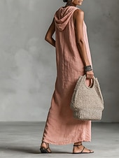 cheap Dresses-Women's Maxi Dress Linen-feel Dresses Shirt Dress Casual Dress Cotton Linen Dress Elegant Fashion Modern Outdoor Vacation Going out Regular Fit Plain Sleeveless Hooded Black Dusty Rose Navy Blue