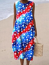 abordables Vestido del Día de la Independencia-día de la independencia americana Mujer Vestido Midi Vestido de cambio Vestido de verano Vacaciones Casual Exterior Holgado Estrellas y rayas Sin Mangas Cuello redondo Azul y blanco Azul Océano Rojo