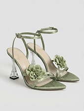 cheap Wedding Guest-Women's Green Floral Strap High Heel Sandals, Elegant Clear Heel Dress Shoes for Wedding Guest, City Wedding &amp; Formal Events