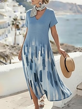baratos Vestidos Listrados e Geométricos-Mulheres Vestido midi Vestido casual Vestido A Line Vestido estampado Moda Moderno Ao ar livre Férias Final de semana Ajuste Largo Âmbar Geométrica Manga Curta Decote V Azul Rosa empoeirado Rosa Roxo