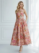 preiswerte Cocktailkleider-A-Linie Tee-Länge Abendkleid Cocktailkleider Elegant Ärmellos U-Boot-Ausschnitt Hochzeit Formell Jacquard mit Falten