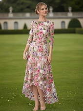 cheap Ankle Length-A-Line Dress High-low Dress Ankle Length Cocktail Dress Mother of the Bride Dress 3/4 Length Sleeve Boat Neck Elegant Simple Formal Wedding Guest Semi Formal with Ruffles Embroidery Appliques