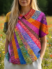  женская блузка пуговицы принт геометрический цвет блоки отпуск повседневная повседневная короткий рукав текстурированная ткань рубашка воротник обычный топы повседневный праздник выход на улицу радуга